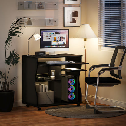 Desk with Wheels 80 x 48 cm Computer Desk Office Desk with Monitor Stand, Keyboard Tray, Storage Shelf, PC Desk for Home Office, Bedroom Black