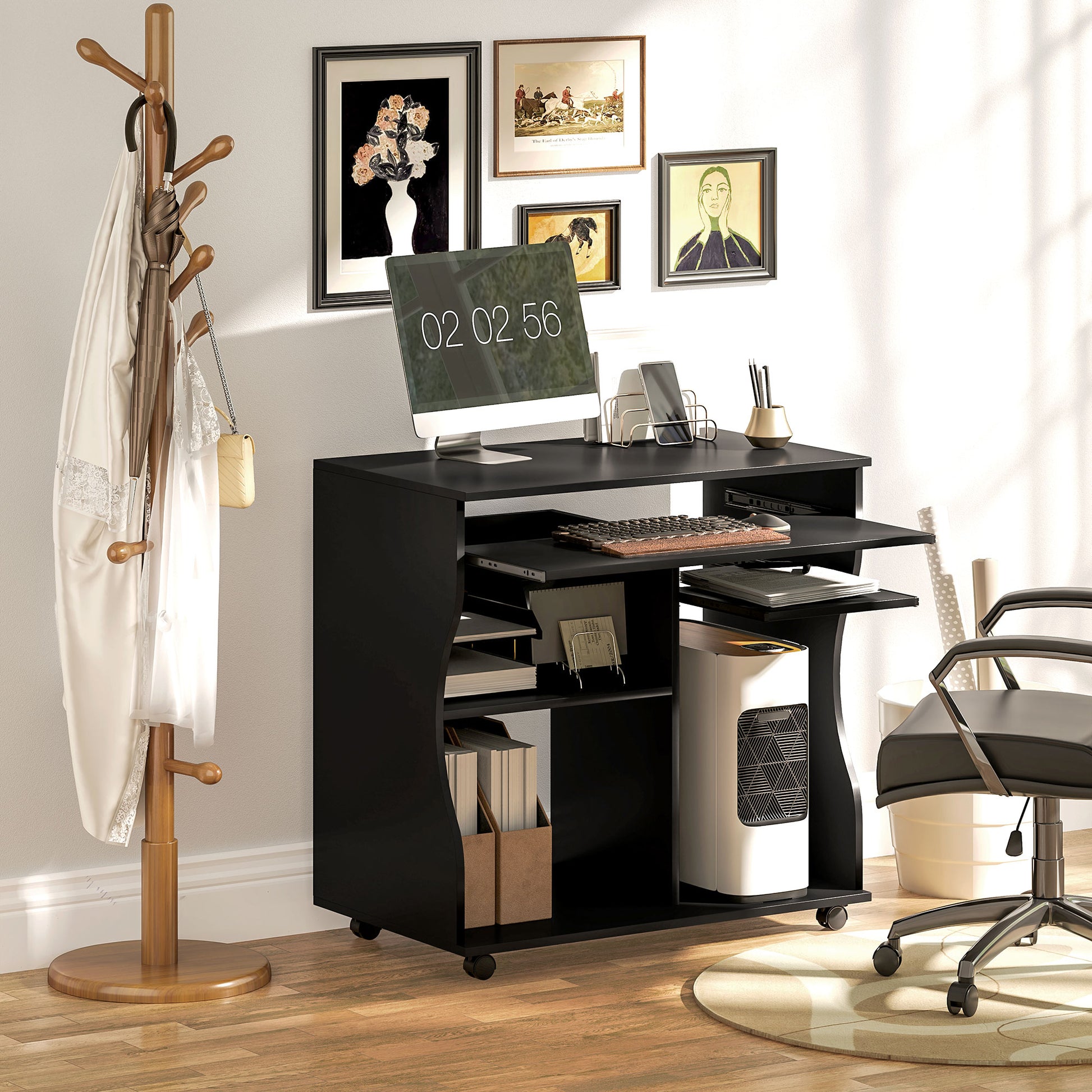 Desk with Wheels 80 x 48 cm Computer Desk Office Desk with Monitor Stand, Keyboard Tray, Storage Shelf, PC Desk for Home Office, Bedroom Black