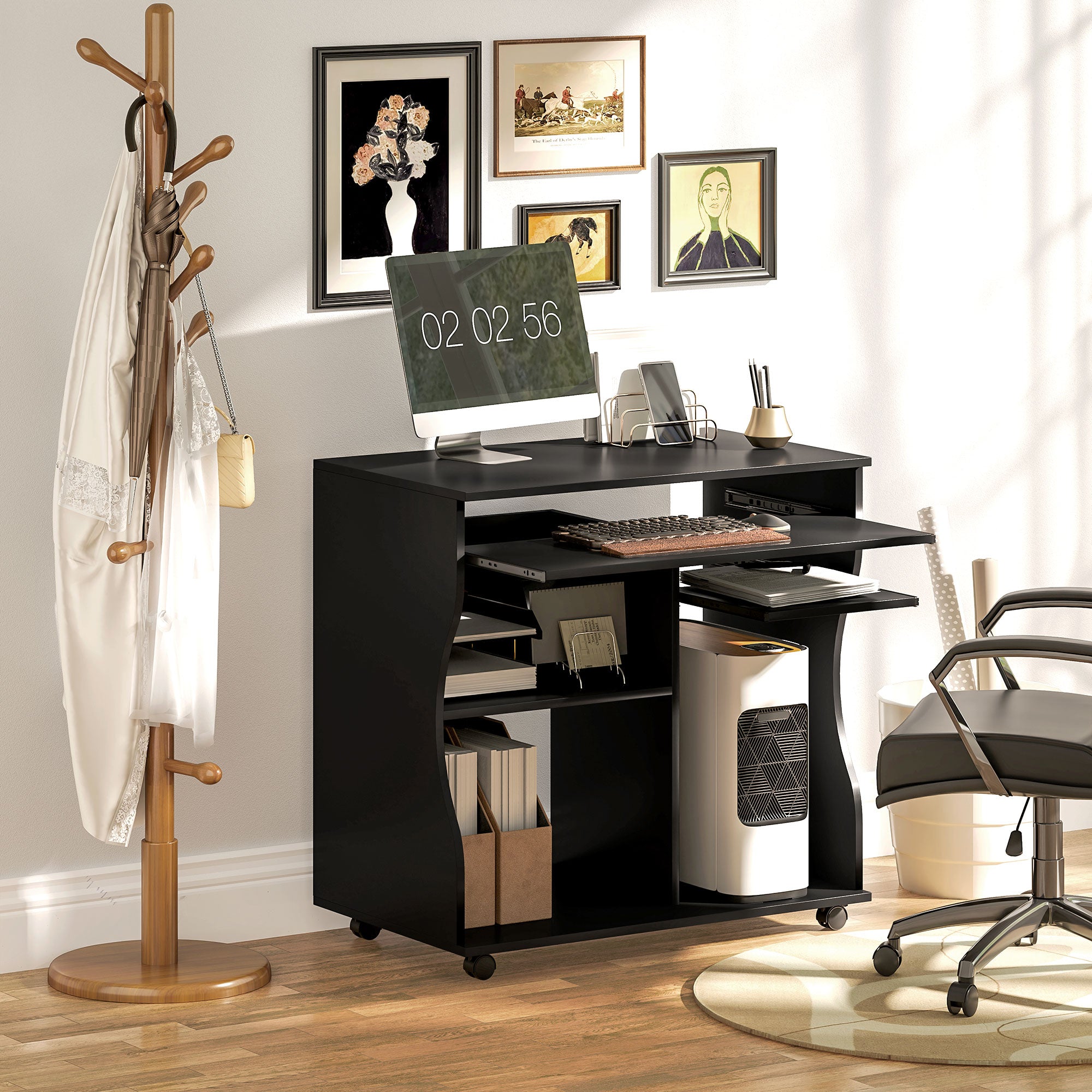 Desk with Wheels 80 x 48 cm Computer Desk Office Desk with Monitor Stand, Keyboard Tray, Storage Shelf, PC Desk for Home Office, Bedroom Black