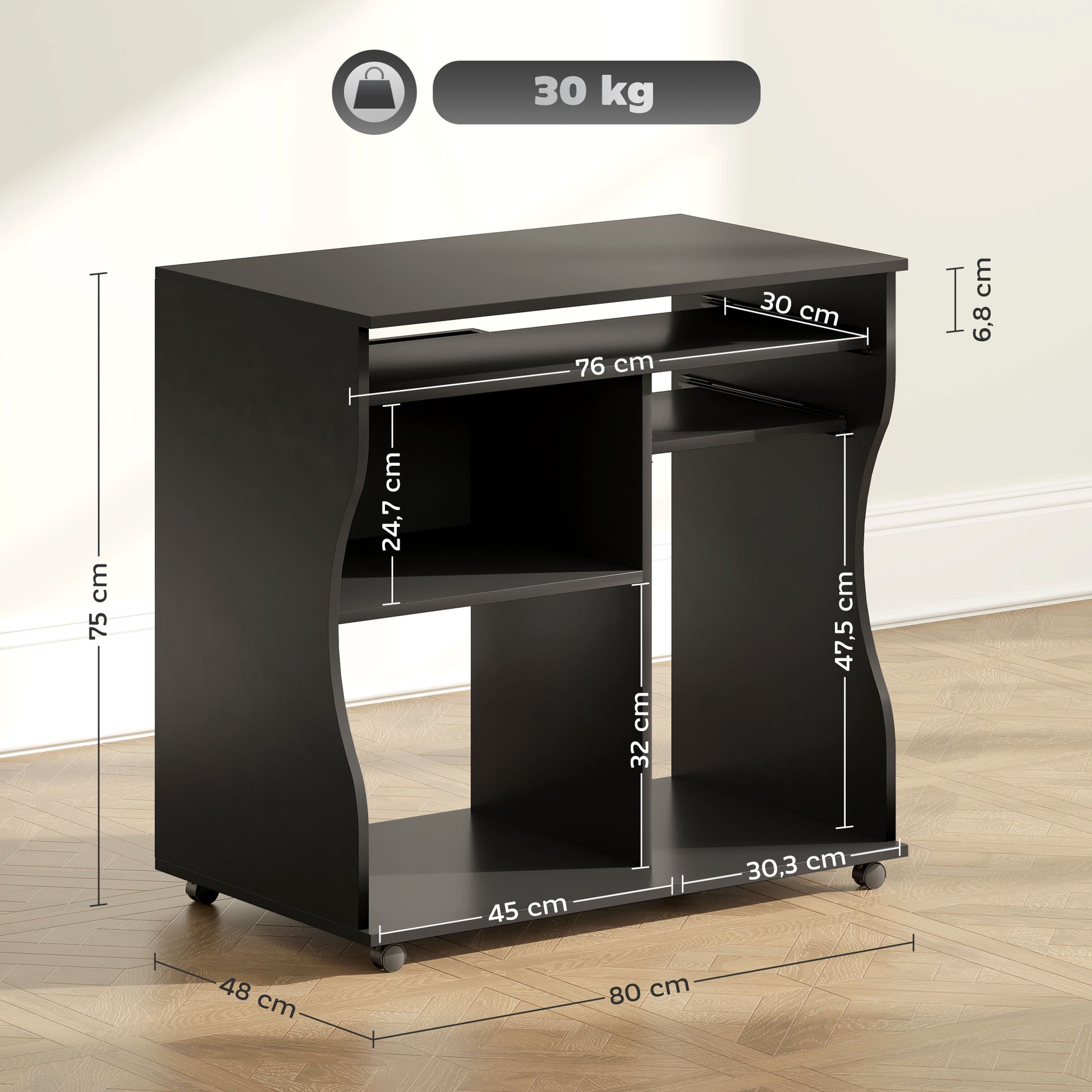 Desk with Wheels 80 x 48 cm Computer Desk Office Desk with Monitor Stand, Keyboard Tray, Storage Shelf, PC Desk for Home Office, Bedroom Black