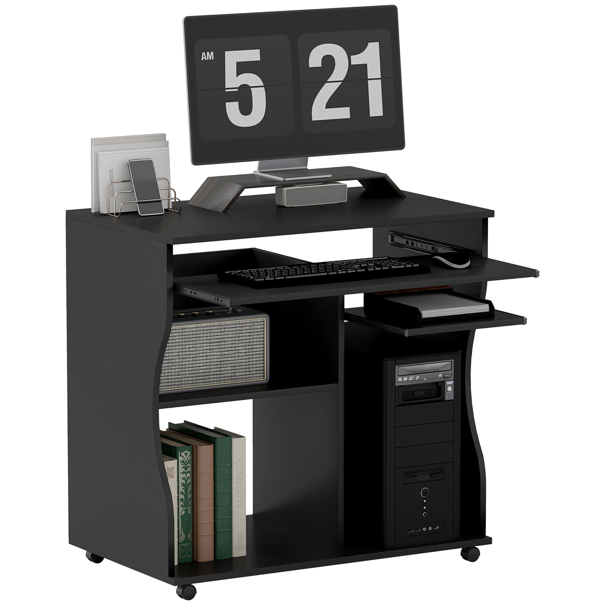 Desk with Wheels 80 x 48 cm Computer Desk Office Desk with Monitor Stand, Keyboard Tray, Storage Shelf, PC Desk for Home Office, Bedroom Black