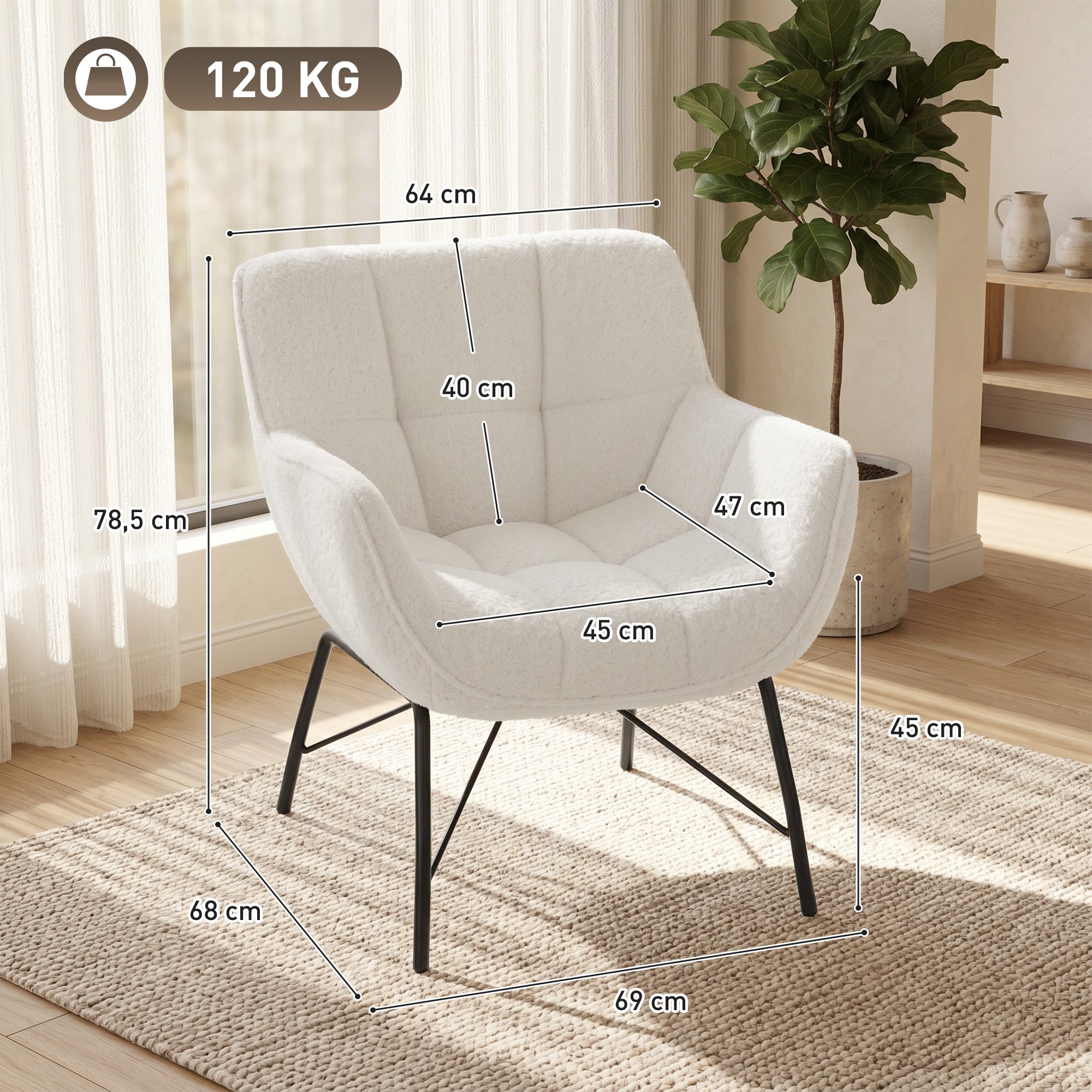 Sherpa Fleece Lounge Chair – Modern Upholstered Armchair with Curved Back, Armrests & Steel Legs, Cream White