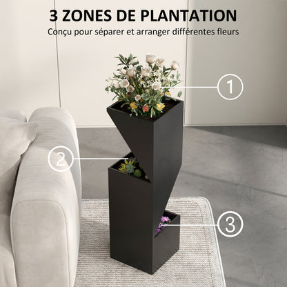 Flower Pot, Indoor Plant Pot with 3 Planting Zones, with Drainage Holes, for Indoor and Outdoor Use, Metal, 30 x 30 x 100 cm, Black