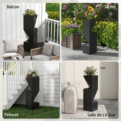 Flower Pot, Indoor Plant Pot with 3 Planting Zones, with Drainage Holes, for Indoor and Outdoor Use, Metal, 30 x 30 x 100 cm, Black