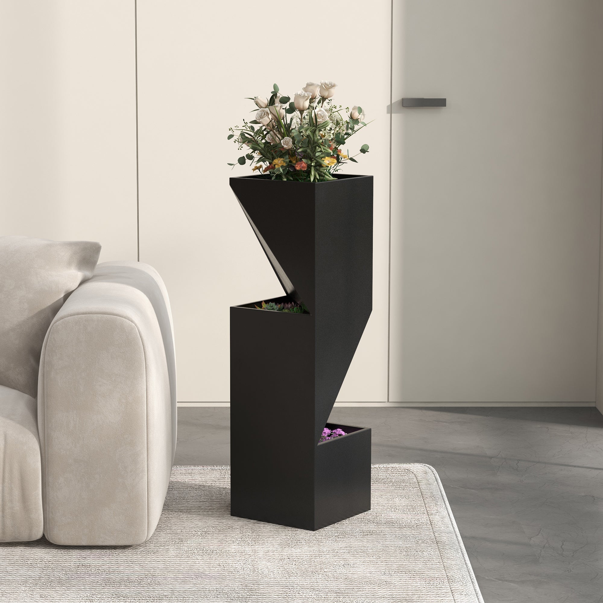 Flower Pot, Indoor Plant Pot with 3 Planting Zones, with Drainage Holes, for Indoor and Outdoor Use, Metal, 30 x 30 x 100 cm, Black