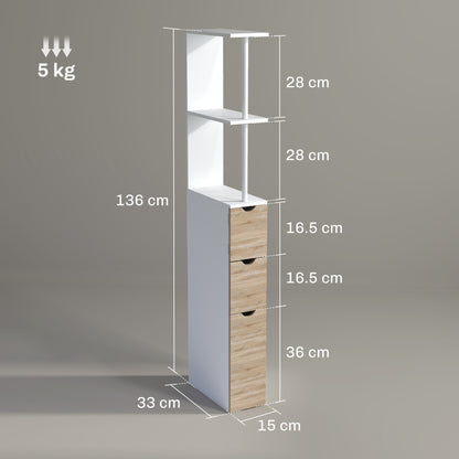 Bathroom Column, Space Saving Wooden Bathroom Cabinet, Cabinet with Cabinet, Shelves, and Drawers, 15x33x136 cm, Wood Color
