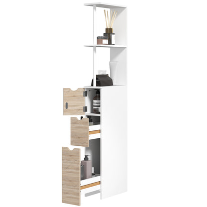 Bathroom Column, Space Saving Wooden Bathroom Cabinet, Cabinet with Cabinet, Shelves, and Drawers, 15x33x136 cm, Wood Color