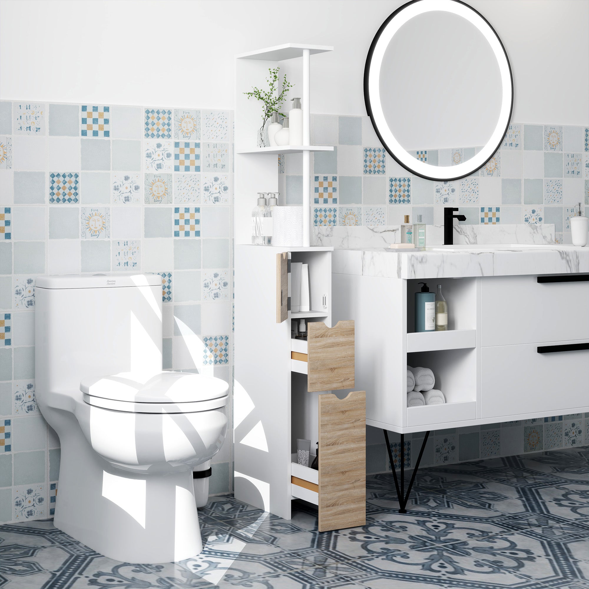 Bathroom Column, Space Saving Wooden Bathroom Cabinet, Cabinet with Cabinet, Shelves, and Drawers, 15x33x136 cm, Wood Color