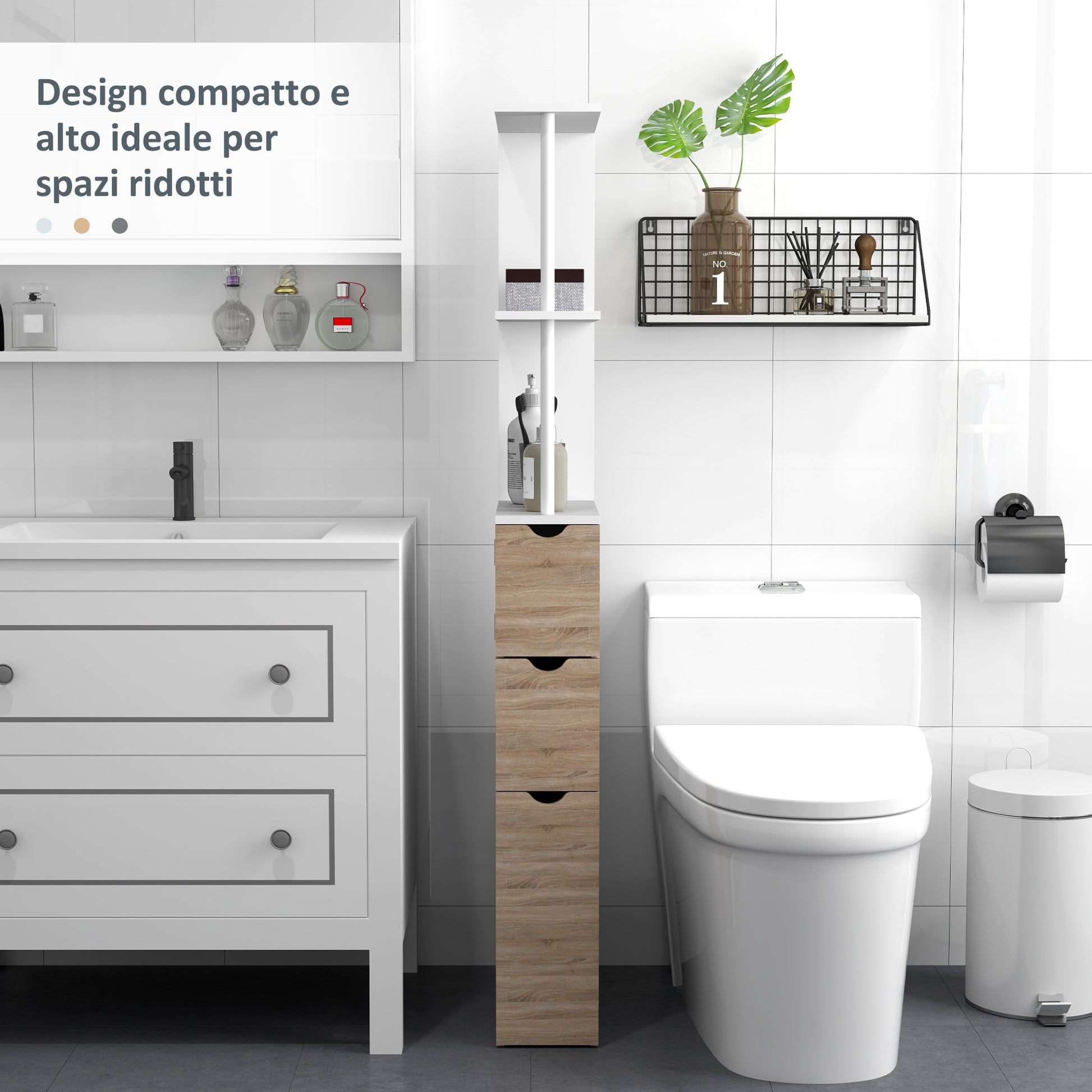 Bathroom Column, Space Saving Wooden Bathroom Cabinet, Cabinet with Cabinet, Shelves, and Drawers, 15x33x136 cm, Wood Color