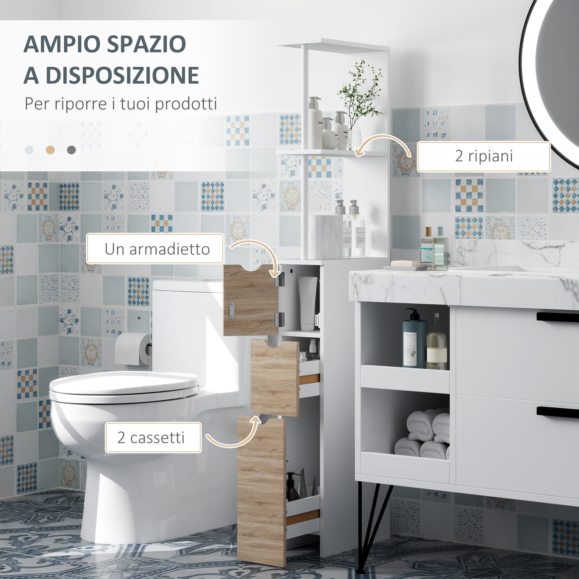 Bathroom Column, Space Saving Wooden Bathroom Cabinet, Cabinet with Cabinet, Shelves, and Drawers, 15x33x136 cm, Wood Color