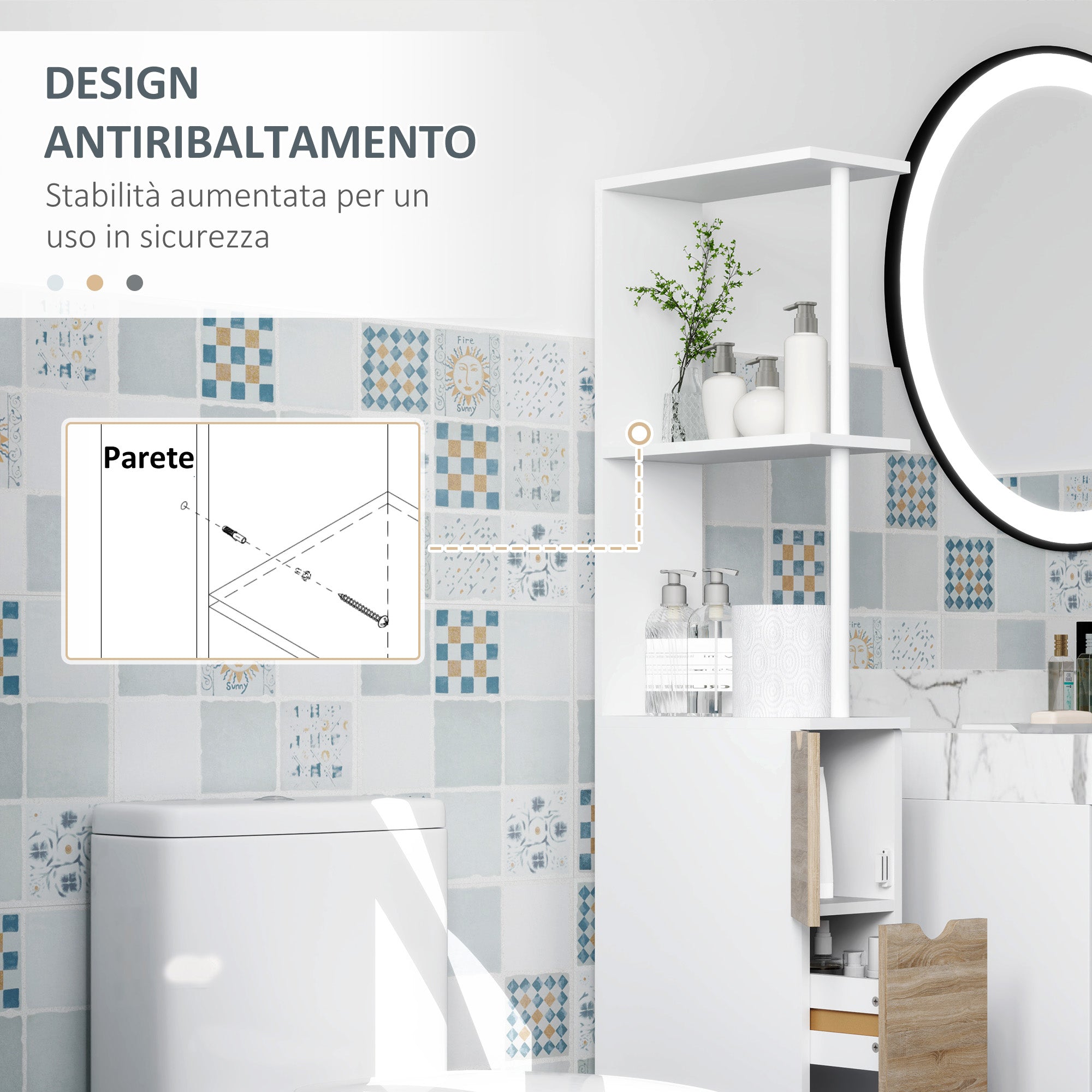 Bathroom Column, Space Saving Wooden Bathroom Cabinet, Cabinet with Cabinet, Shelves, and Drawers, 15x33x136 cm, Wood Color