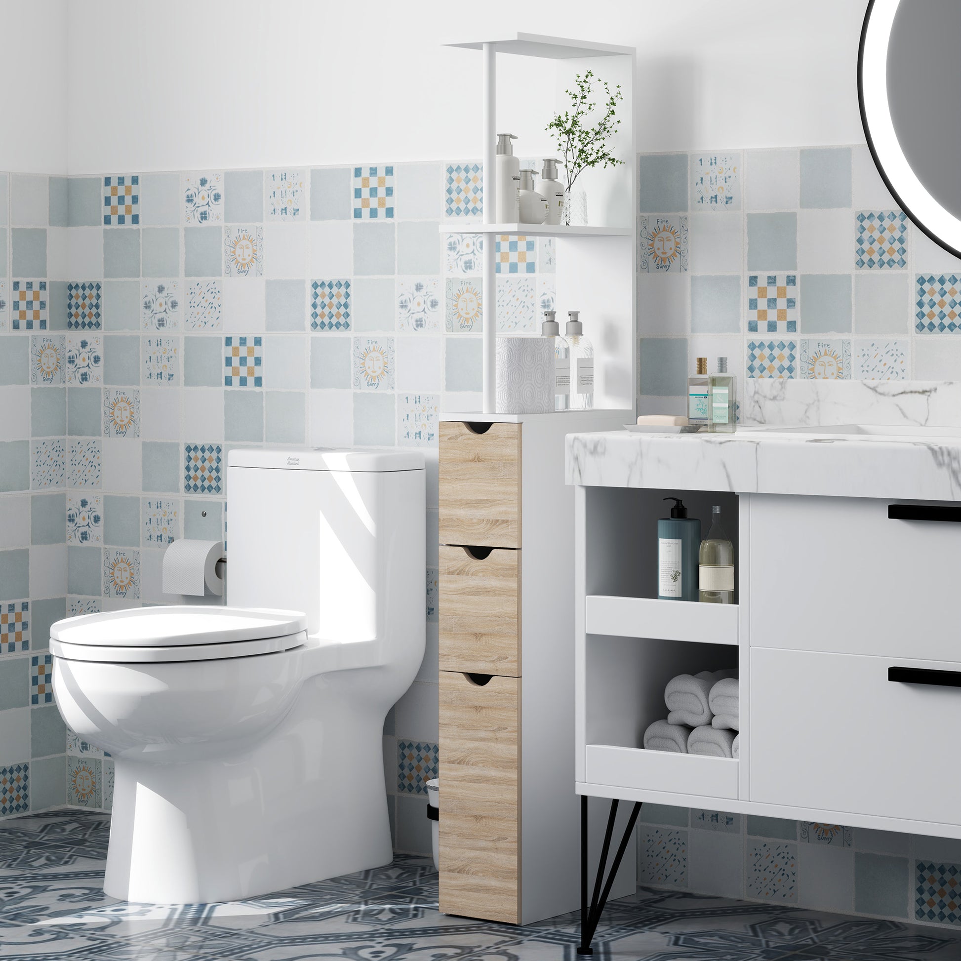 Bathroom Column, Space Saving Wooden Bathroom Cabinet, Cabinet with Cabinet, Shelves, and Drawers, 15x33x136 cm, Wood Color