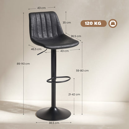 Bar Stools 2-Pack, Padded Metal Frame Bar Chairs with Backrest, Height-Adjustable Kitchen Stools with Footrest, 360° Swivel, Counter Stools for Kitchen, Living Room, Dining Room, Microfiber Black