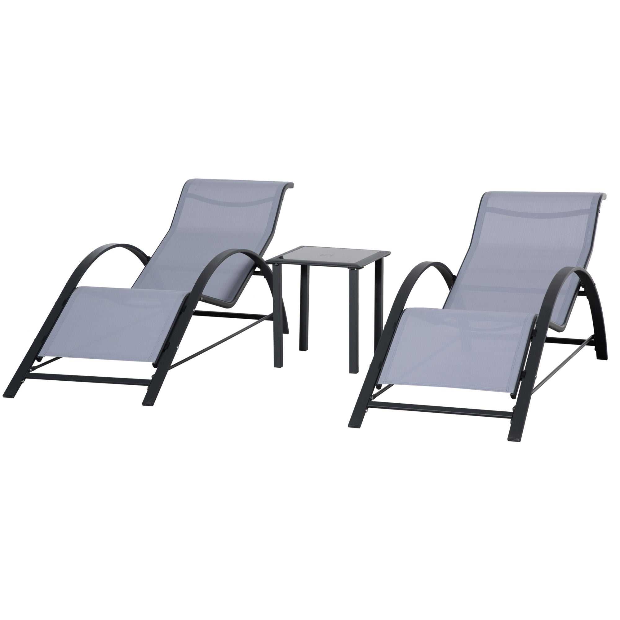 Set of 2 Garden Loungers with Tempered Glass Side Table Loungers with Backrest Armrests for Outdoor Patio Pool Terrace Gray