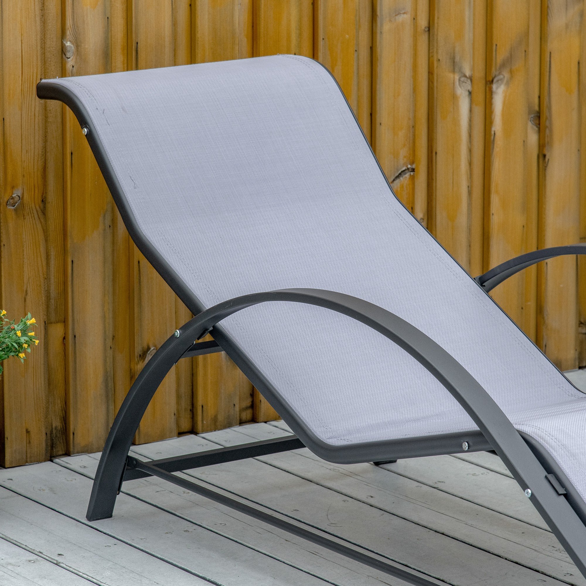 Set of 2 Garden Loungers with Tempered Glass Side Table Loungers with Backrest Armrests for Outdoor Patio Pool Terrace Gray