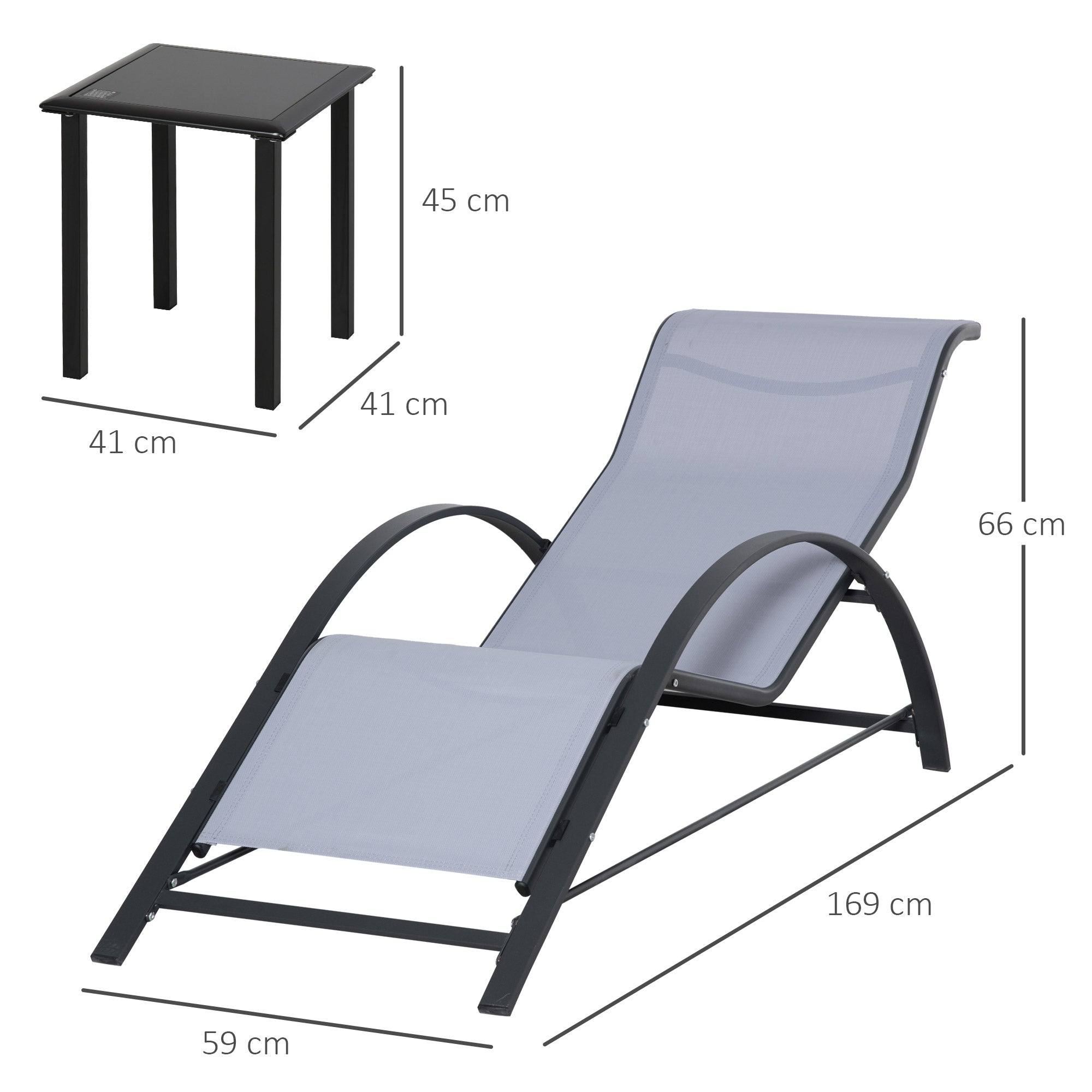 Set of 2 Garden Loungers with Tempered Glass Side Table Loungers with Backrest Armrests for Outdoor Patio Pool Terrace Gray