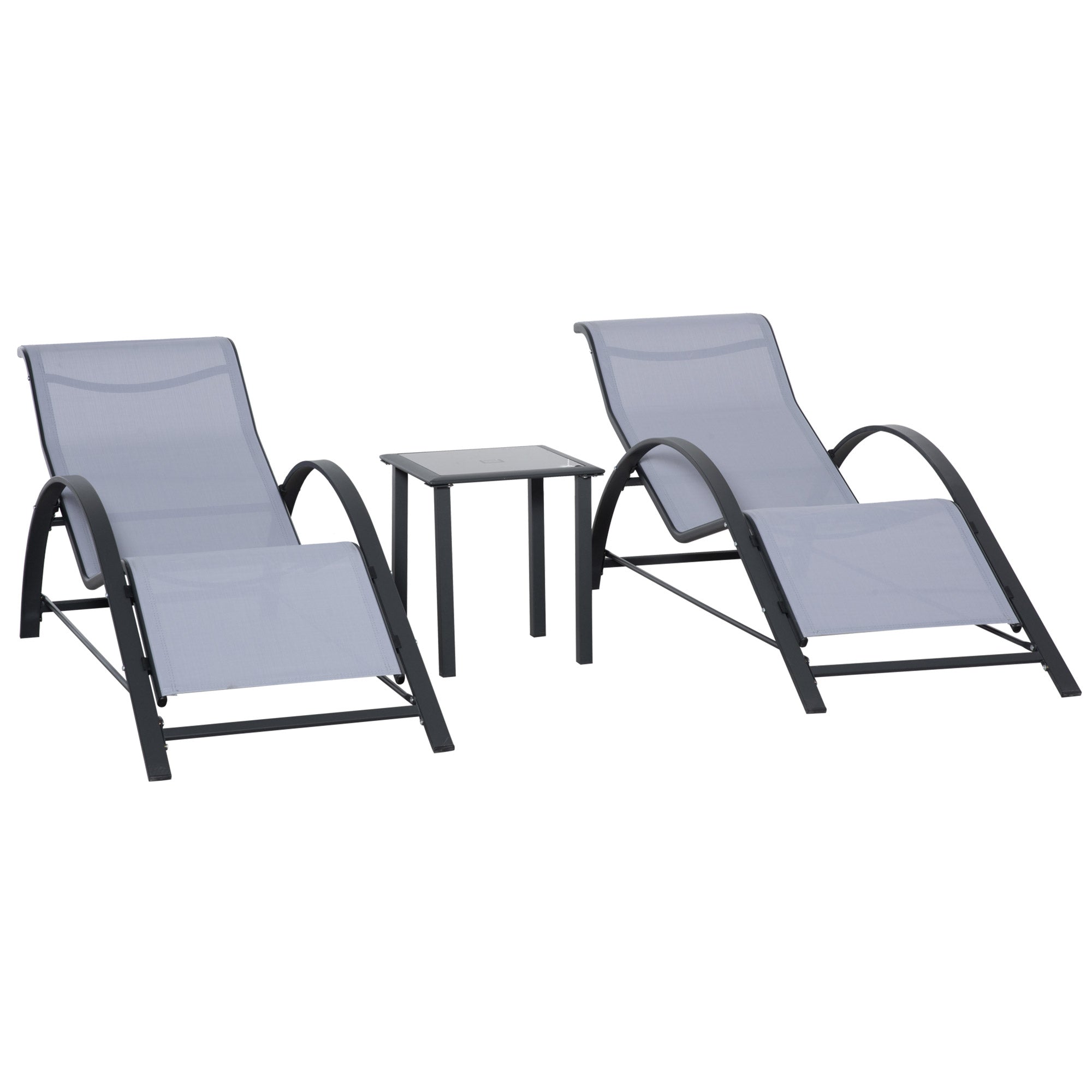 Set of 2 Garden Loungers with Tempered Glass Side Table Loungers with Backrest Armrests for Outdoor Patio Pool Terrace Gray