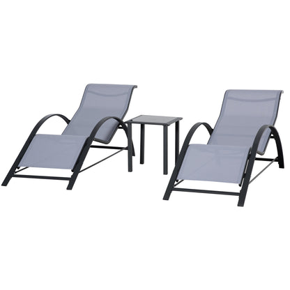 Set of 2 Garden Loungers with Tempered Glass Side Table Loungers with Backrest Armrests for Outdoor Patio Pool Terrace Gray