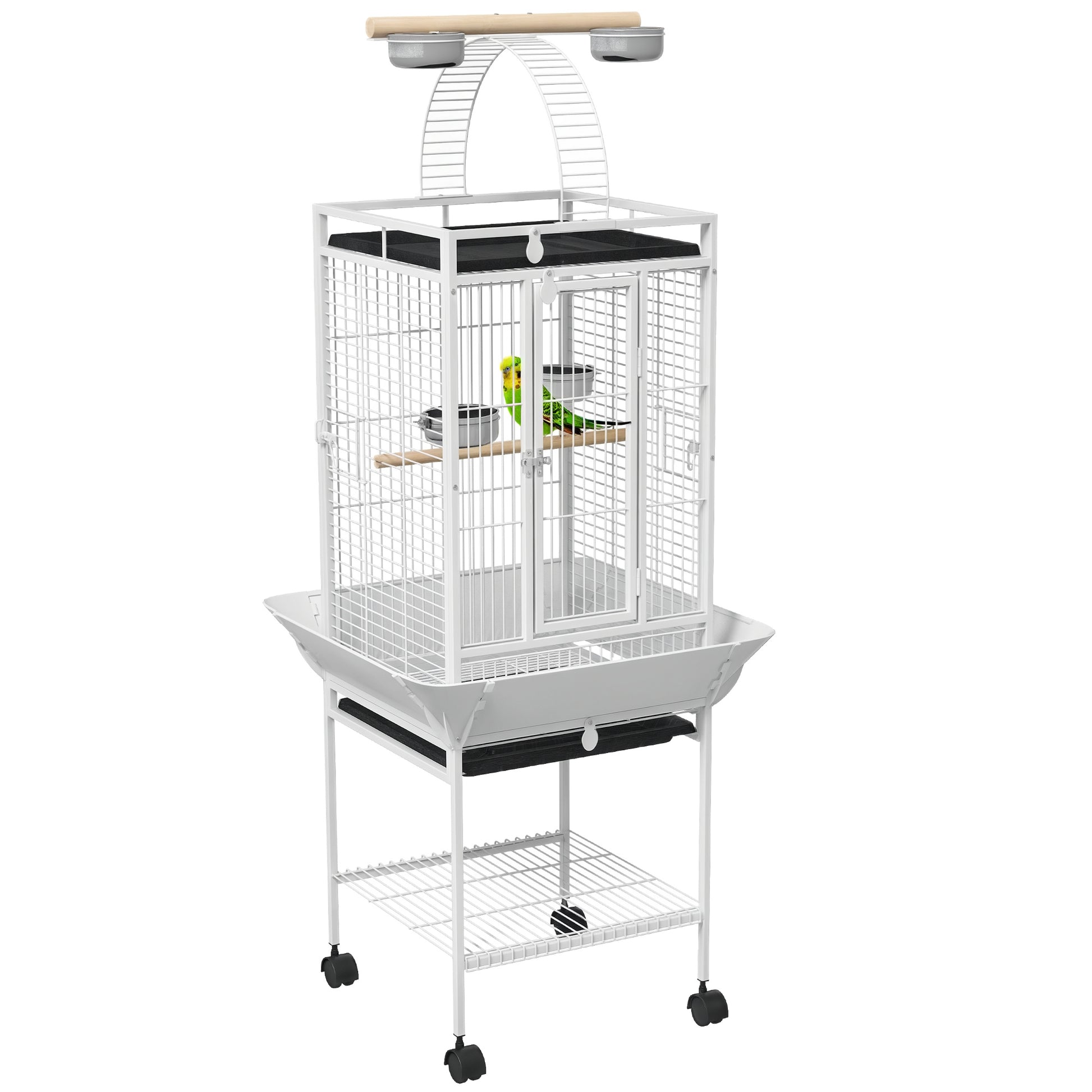 Bird Cage Bird Cage with Wheels Perches Feeders Shelf Arched Bridge and Removable Trays Aviary for Cockatoo Budgie Parakeets Parrots 62.5x62.5x156 cm White