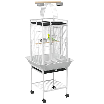 Bird Cage Bird Cage with Wheels Perches Feeders Shelf Arched Bridge and Removable Trays Aviary for Cockatoo Budgie Parakeets Parrots 62.5x62.5x156 cm White