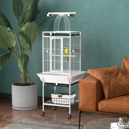 Bird Cage Bird Cage with Wheels Perches Feeders Shelf Arched Bridge and Removable Trays Aviary for Cockatoo Budgie Parakeets Parrots 62.5x62.5x156 cm White