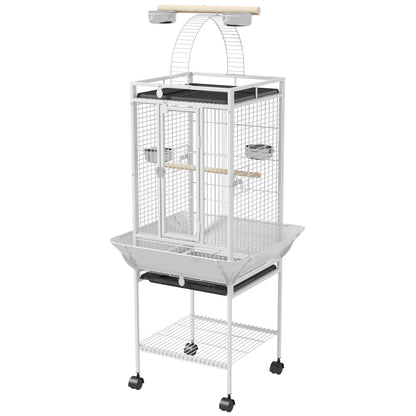 Bird Cage Bird Cage with Wheels Perches Feeders Shelf Arched Bridge and Removable Trays Aviary for Cockatoo Budgie Parakeets Parrots 62.5x62.5x156 cm White
