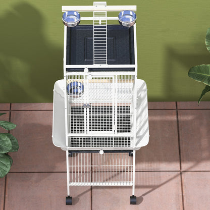 Bird Cage Bird Cage with Wheels Perches Feeders Shelf Arched Bridge and Removable Trays Aviary for Cockatoo Budgie Parakeets Parrots 62.5x62.5x156 cm White