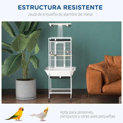 Bird Cage Bird Cage with Wheels Perches Feeders Shelf Arched Bridge and Removable Trays Aviary for Cockatoo Budgie Parakeets Parrots 62.5x62.5x156 cm White