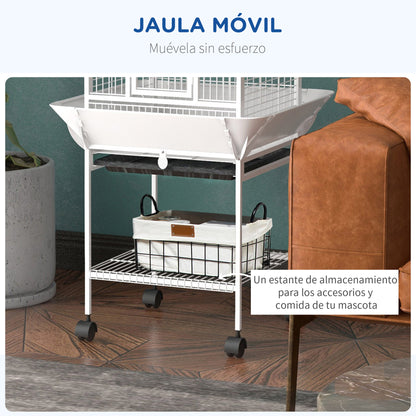 Bird Cage Bird Cage with Wheels Perches Feeders Shelf Arched Bridge and Removable Trays Aviary for Cockatoo Budgie Parakeets Parrots 62.5x62.5x156 cm White