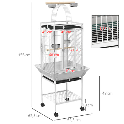 Bird Cage Bird Cage with Wheels Perches Feeders Shelf Arched Bridge and Removable Trays Aviary for Cockatoo Budgie Parakeets Parrots 62.5x62.5x156 cm White
