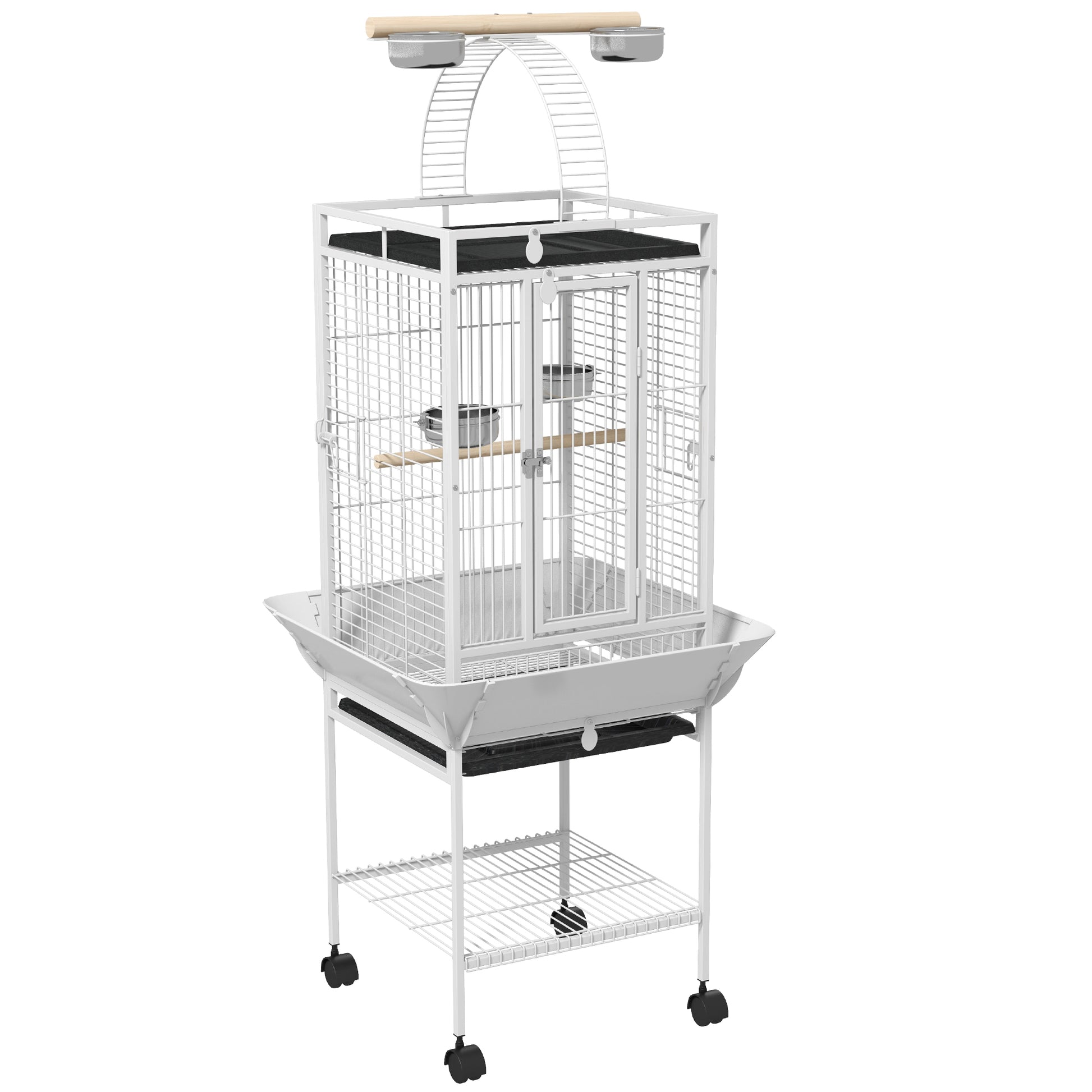 Bird Cage Bird Cage with Wheels Perches Feeders Shelf Arched Bridge and Removable Trays Aviary for Cockatoo Budgie Parakeets Parrots 62.5x62.5x156 cm White