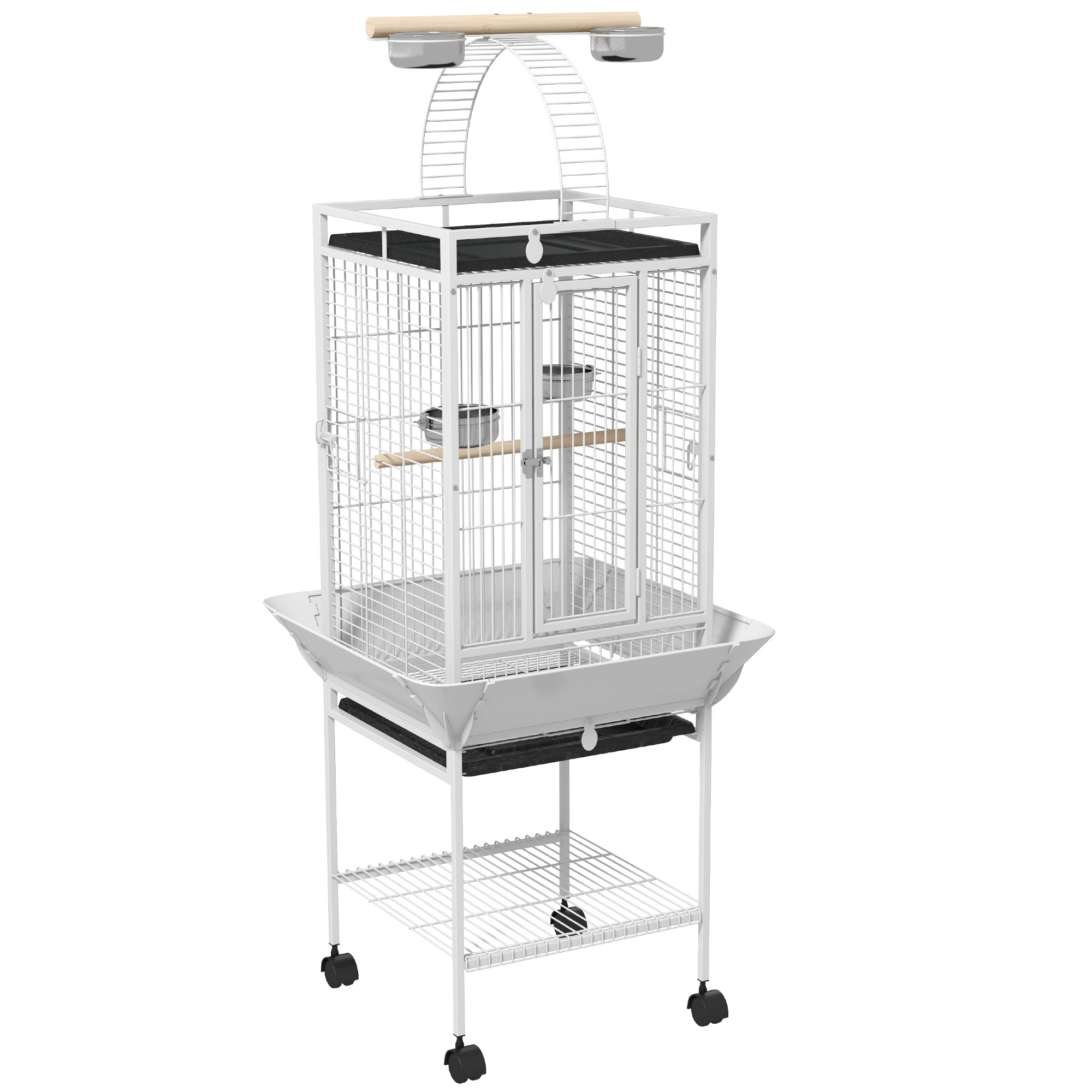 Bird Cage Bird Cage with Wheels Perches Feeders Shelf Arched Bridge and Removable Trays Aviary for Cockatoo Budgie Parakeets Parrots 62.5x62.5x156 cm White