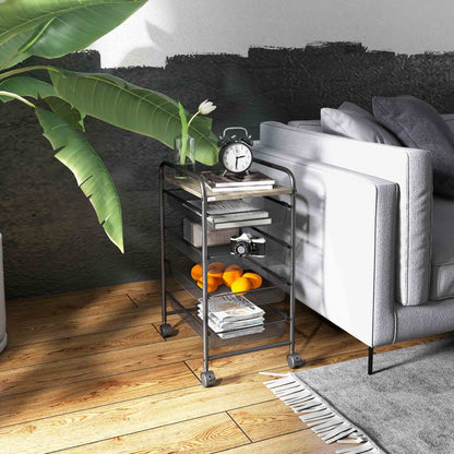 Cart, Kitchen Cart with 4 Baskets, Storage Rack with Wheels, Household Shelf, Serving Cart for Bedroom, Living Room, Steel, Black, 41.5 x 31 x 66 cm