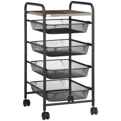 Cart, Kitchen Cart with 4 Baskets, Storage Rack with Wheels, Household Shelf, Serving Cart for Bedroom, Living Room, Steel, Black, 41.5 x 31 x 66 cm