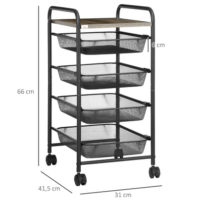 Cart, Kitchen Cart with 4 Baskets, Storage Rack with Wheels, Household Shelf, Serving Cart for Bedroom, Living Room, Steel, Black, 41.5 x 31 x 66 cm
