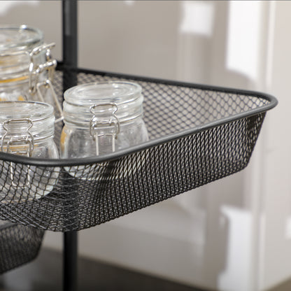 Cart, Kitchen Cart with 4 Baskets, Storage Rack with Wheels, Household Shelf, Serving Cart for Bedroom, Living Room, Steel, Black, 41.5 x 31 x 66 cm