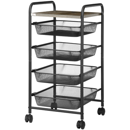 Cart, Kitchen Cart with 4 Baskets, Storage Rack with Wheels, Household Shelf, Serving Cart for Bedroom, Living Room, Steel, Black, 41.5 x 31 x 66 cm