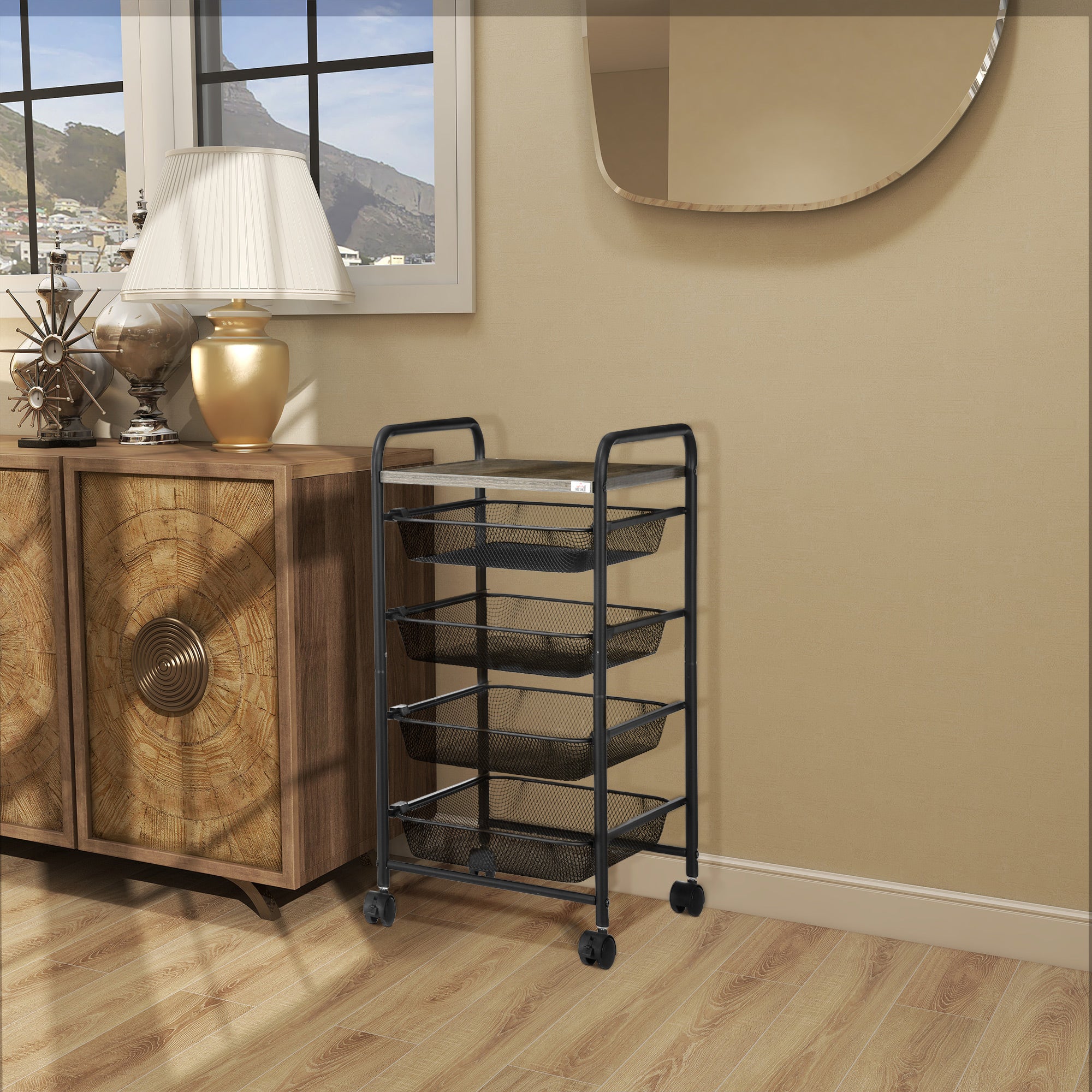 Cart, Kitchen Cart with 4 Baskets, Storage Rack with Wheels, Household Shelf, Serving Cart for Bedroom, Living Room, Steel, Black, 41.5 x 31 x 66 cm