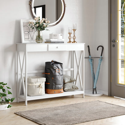 Wooden Console Table Entryway Table with 1 Drawer and 1 Storage Shelf for Hallway Living Room 100x30x81cm White