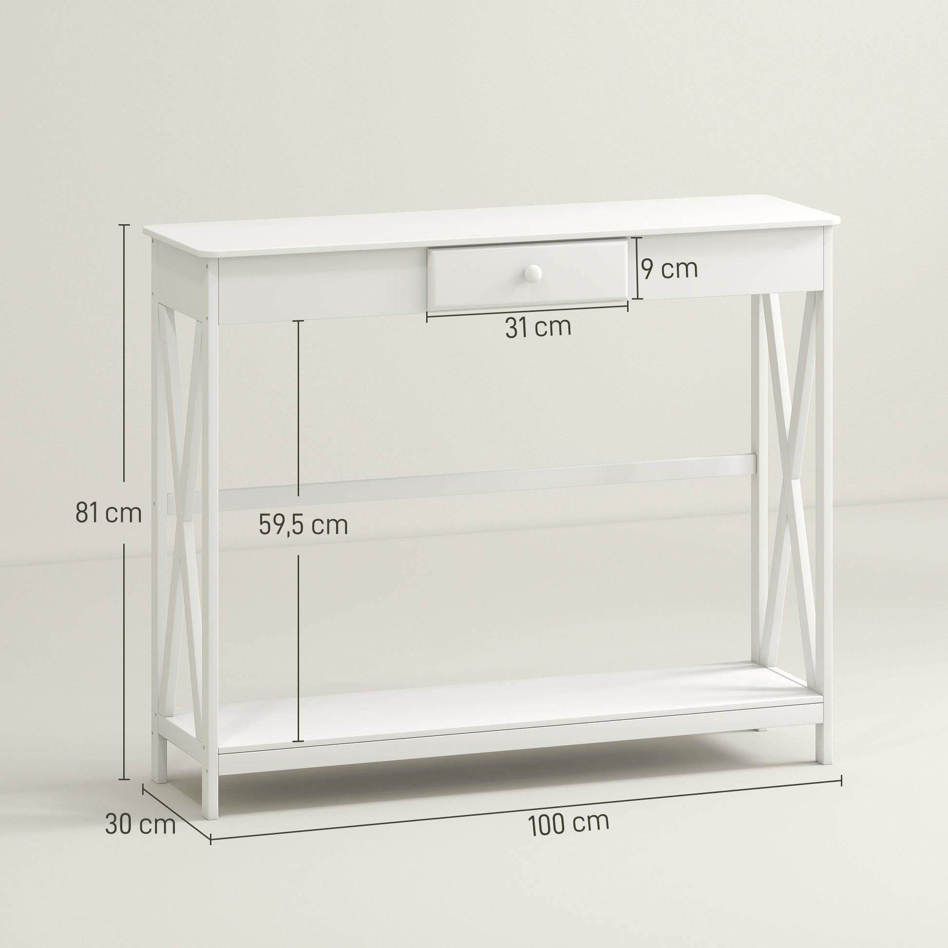 Wooden Console Table Entryway Table with 1 Drawer and 1 Storage Shelf for Hallway Living Room 100x30x81cm White