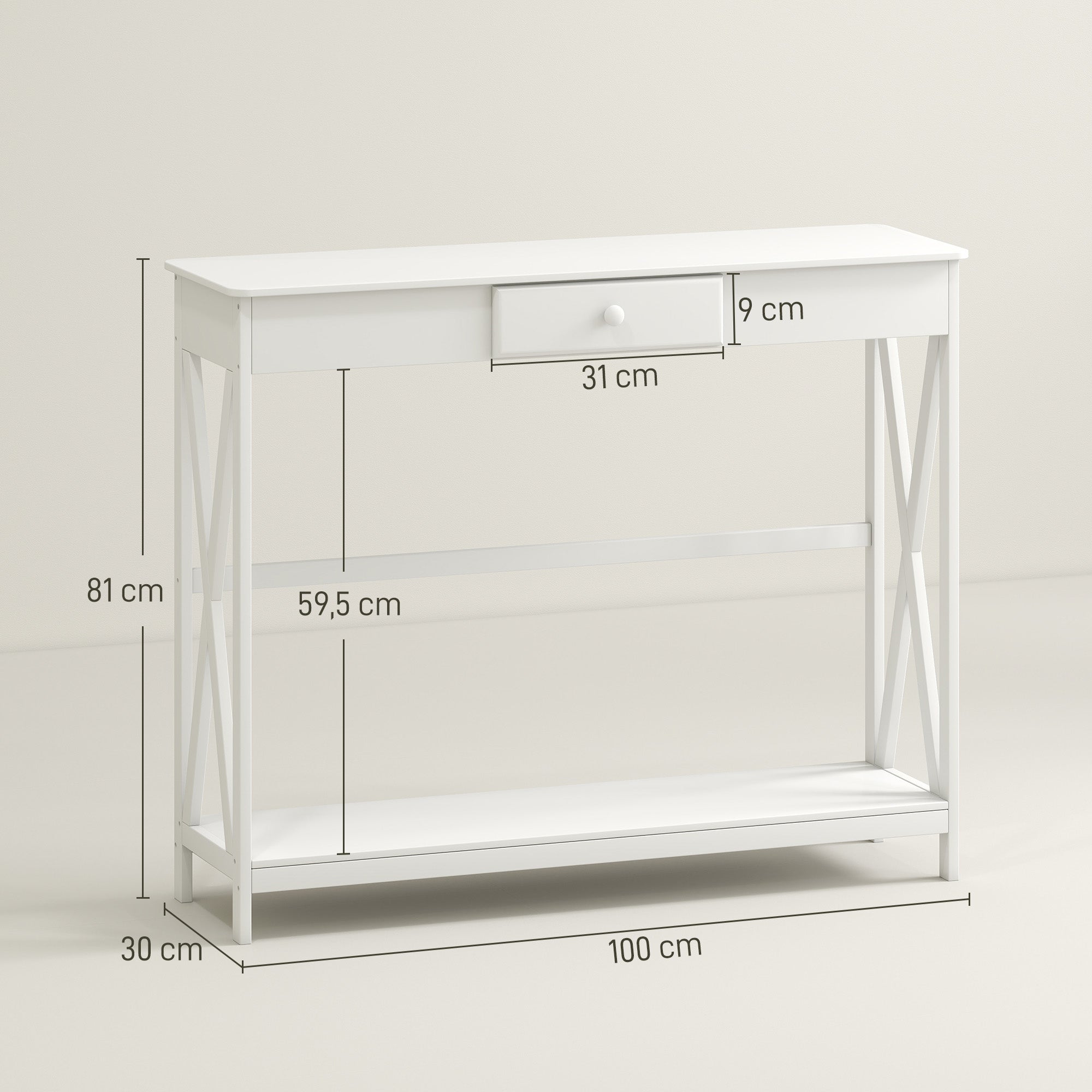 Wooden Console Table Entryway Table with 1 Drawer and 1 Storage Shelf for Hallway Living Room 100x30x81cm White