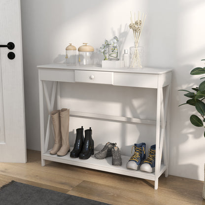 Wooden Console Table Entryway Table with 1 Drawer and 1 Storage Shelf for Hallway Living Room 100x30x81cm White