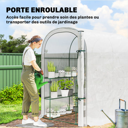 Garden Greenhouse with Shelves, 123 x 187 x 189 cm (48.4 x 73.6 x 74.4 in) – Roll-Up Door, 140 gsm High-Density PE Cover, Extended 10 cm, White