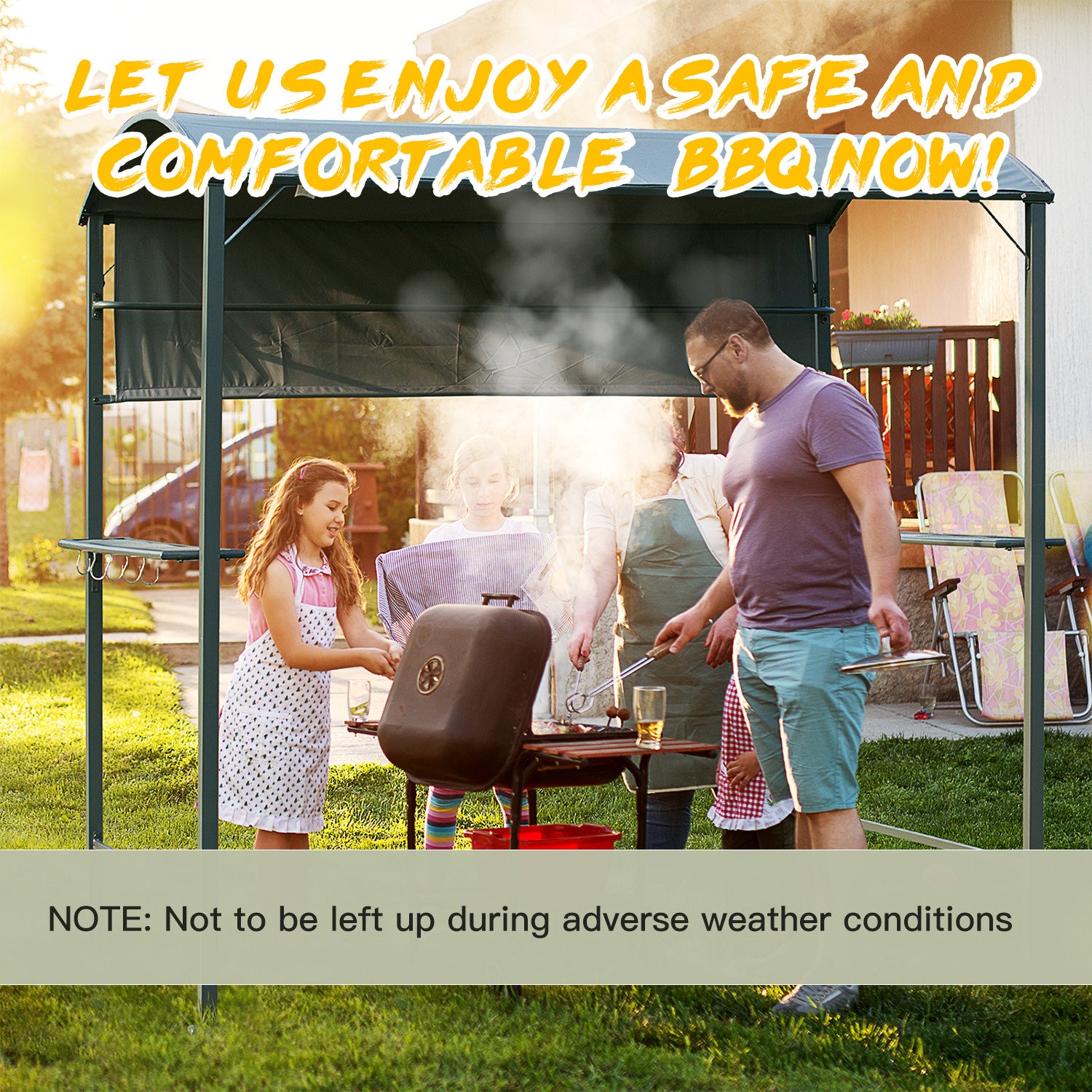Grill Gazebo with Flame Retardant Roof, BBQ Gazebo with 2 Shelves, Polyester, Black, 218 x 138 x 216 cm