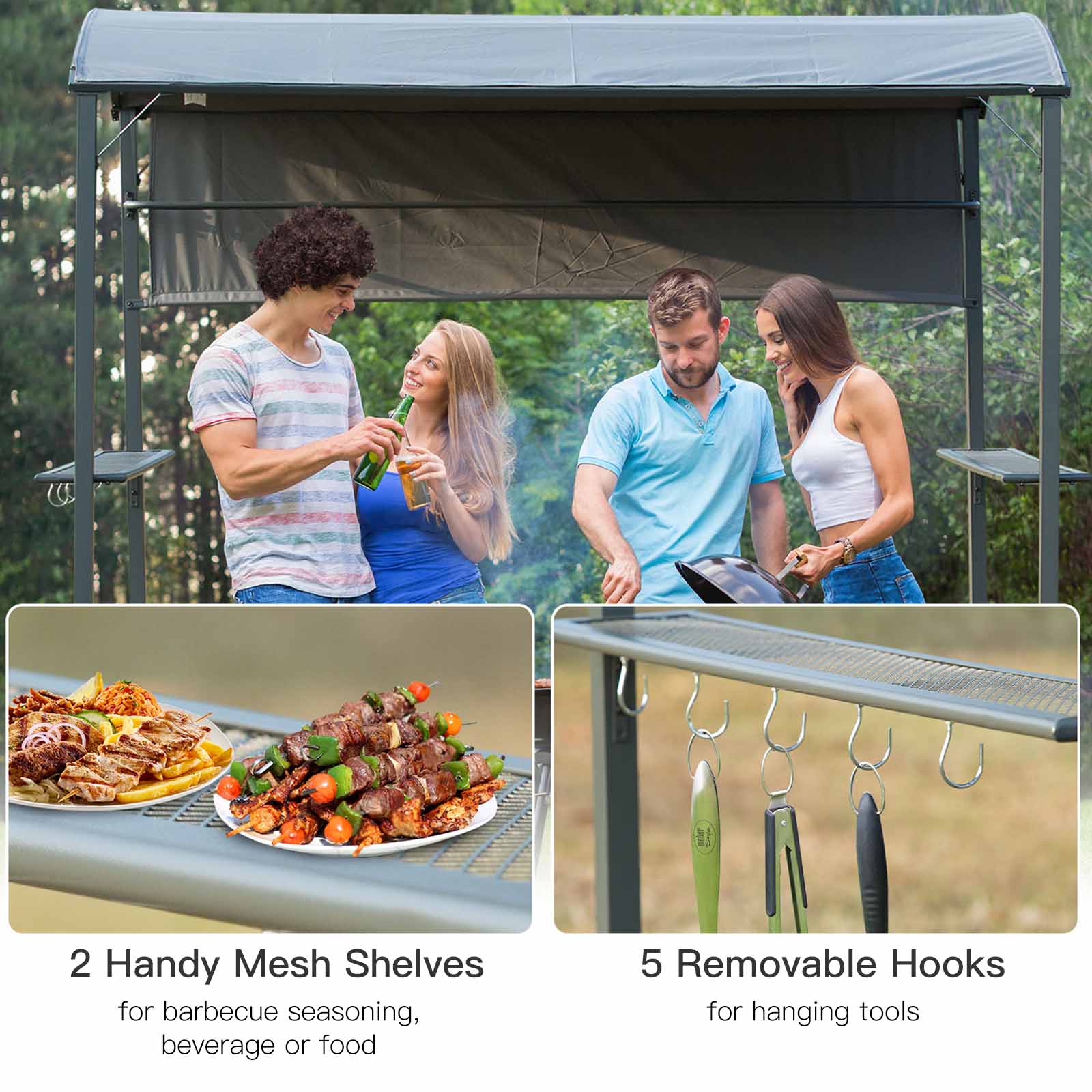 Grill Gazebo with Flame Retardant Roof, BBQ Gazebo with 2 Shelves, Polyester, Black, 218 x 138 x 216 cm