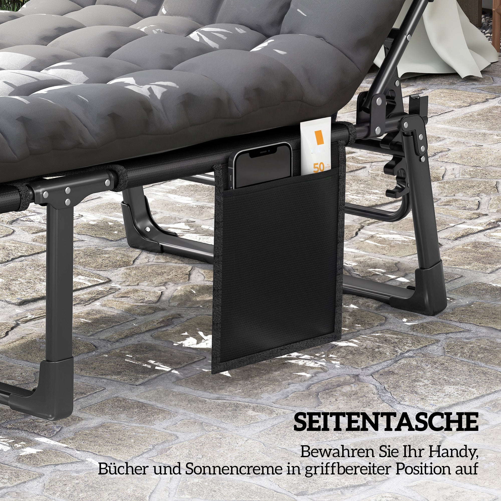 Folding Sun Lounger – 5-Position Recliner, Padded Mattress & Headrest, Extra-Wide Breathable Mesh (Dark Gray)