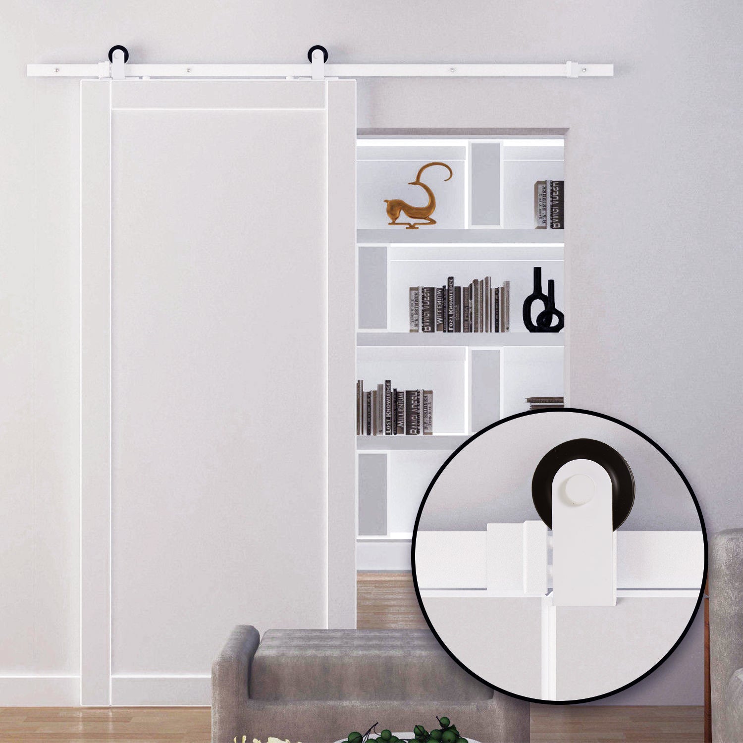 Sliding Door Hardware Kit 183 cm Complete Set with Rails, Rollers, Rail Stops, Floor Guide, Door Screws, Sliding Door System made of Carbon Steel White