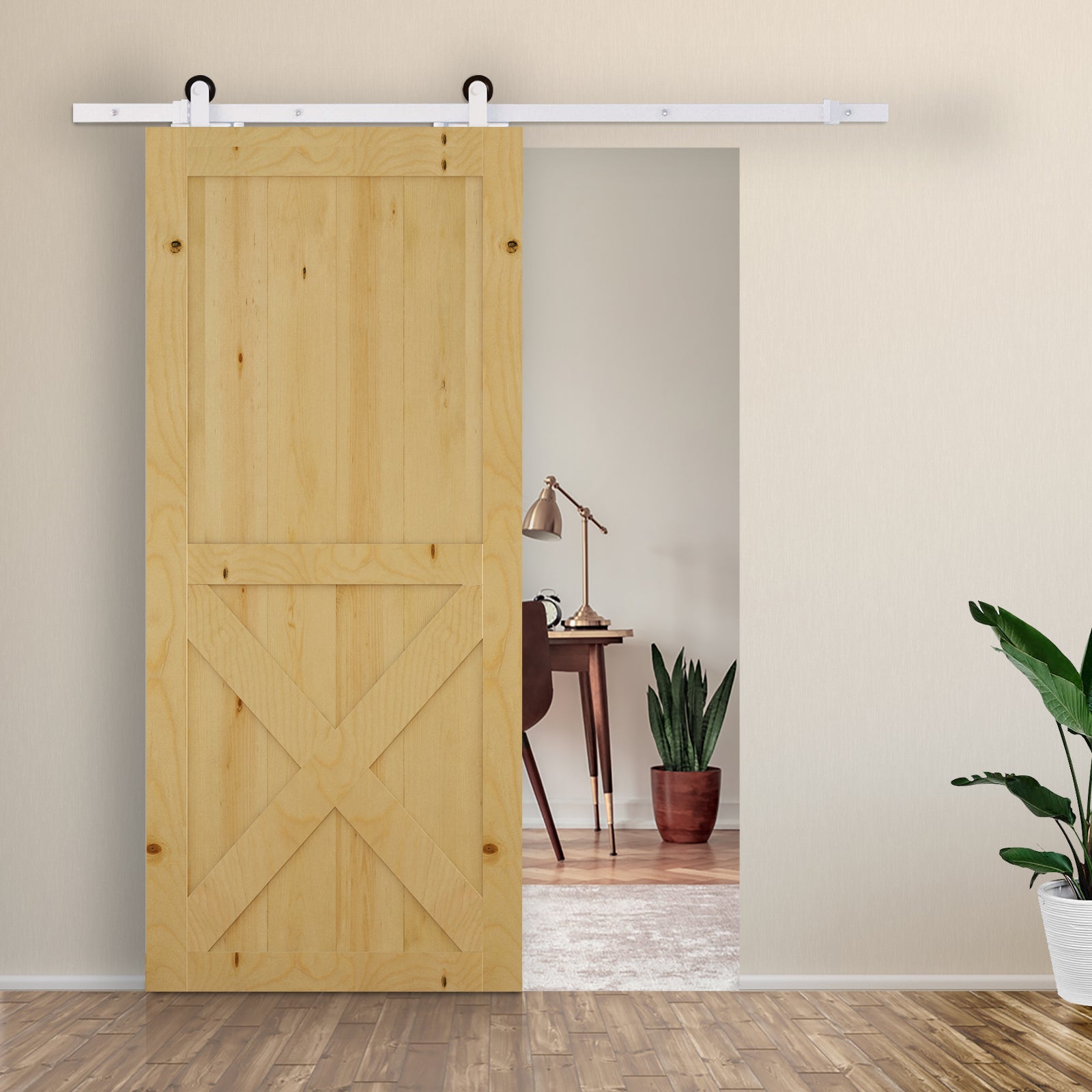 Sliding Door Hardware Kit 183 cm Complete Set with Rails, Rollers, Rail Stops, Floor Guide, Door Screws, Sliding Door System made of Carbon Steel White