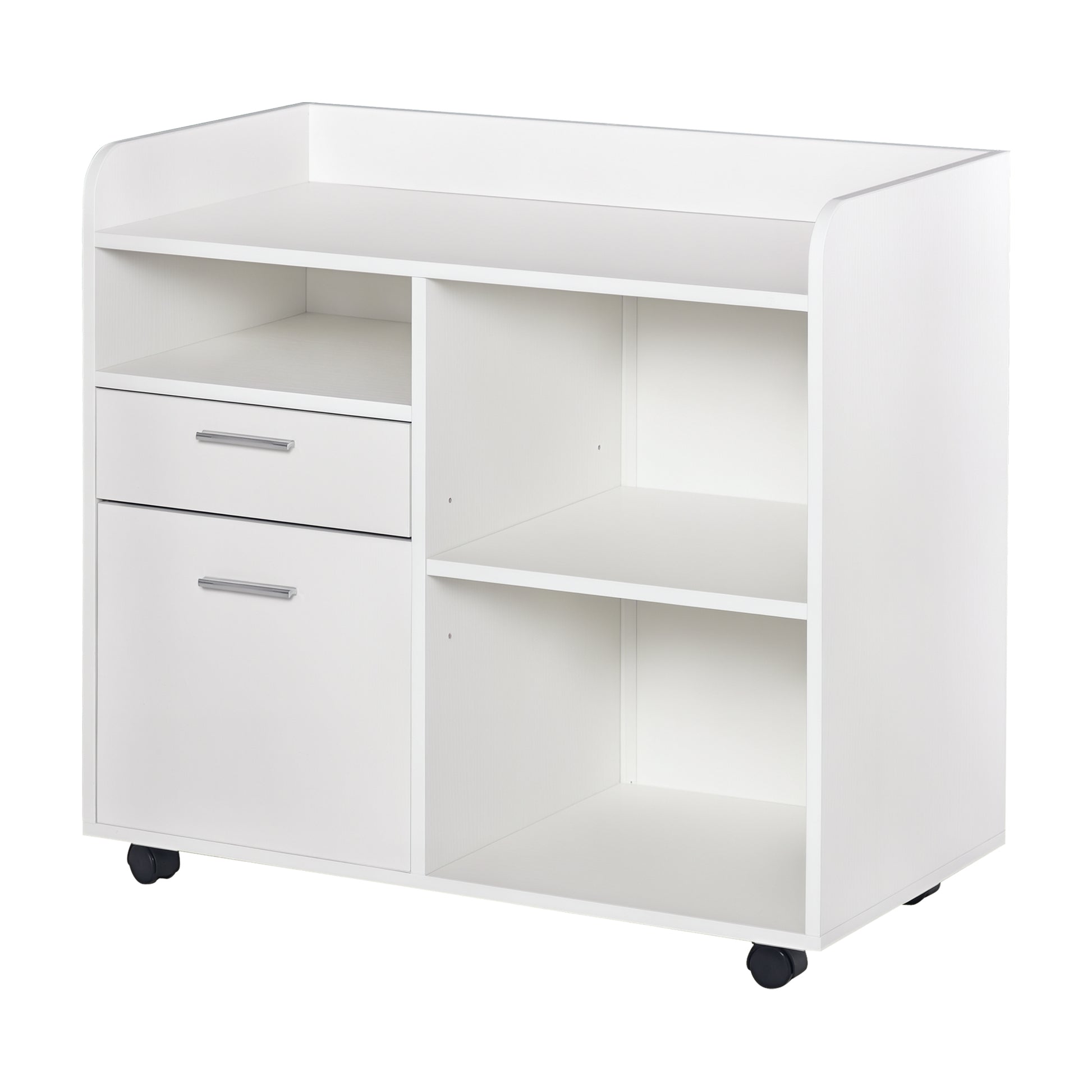 Printer Stand - Rolling Office Organization Unit - 80L x 40W x 72H cm White Wood