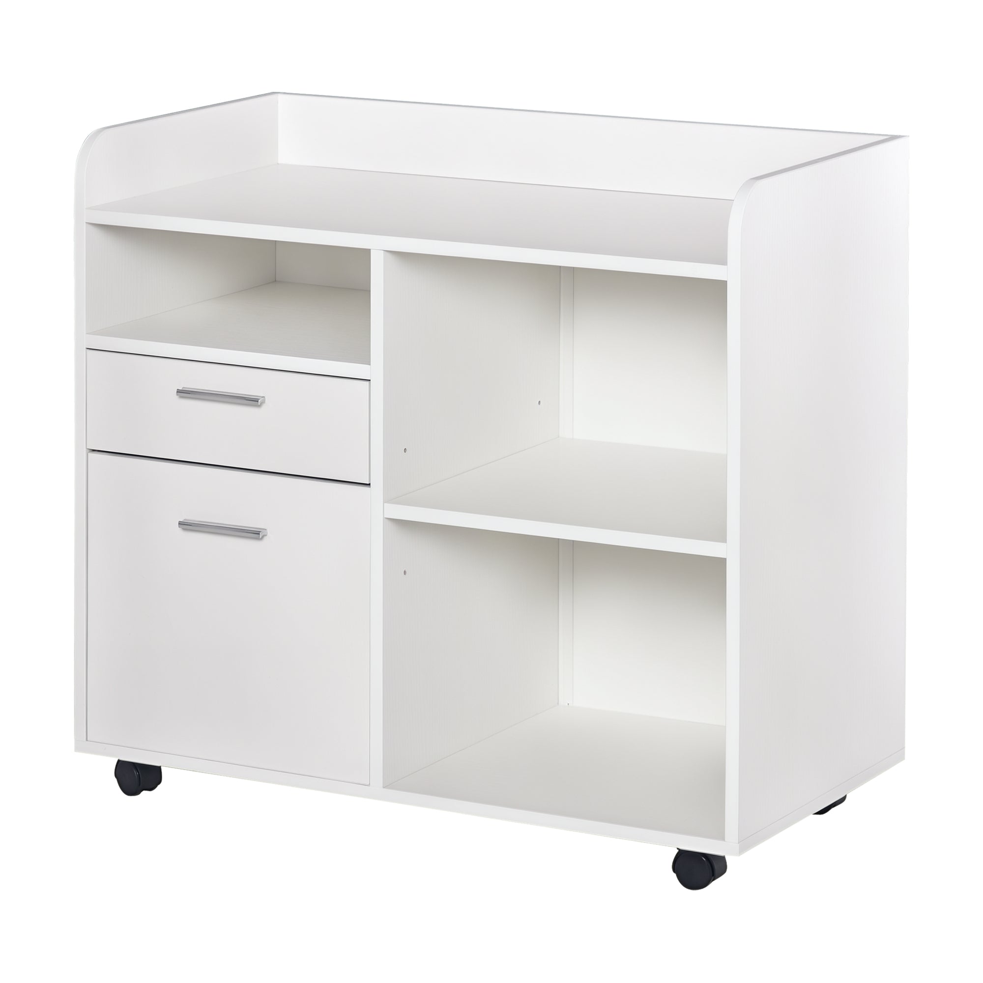 Printer Stand - Rolling Office Organization Unit - 80L x 40W x 72H cm White Wood